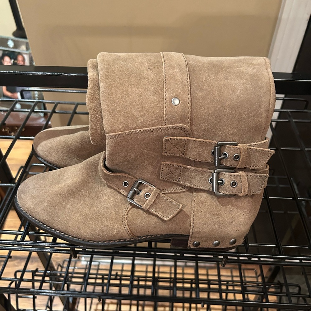 Tan Suede Ankle Boots with Buckle Detail